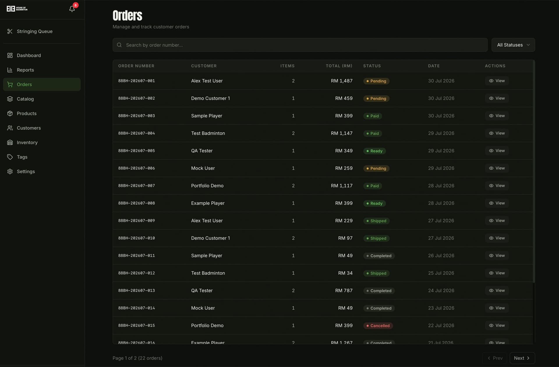 Orders table with guarded status transitions