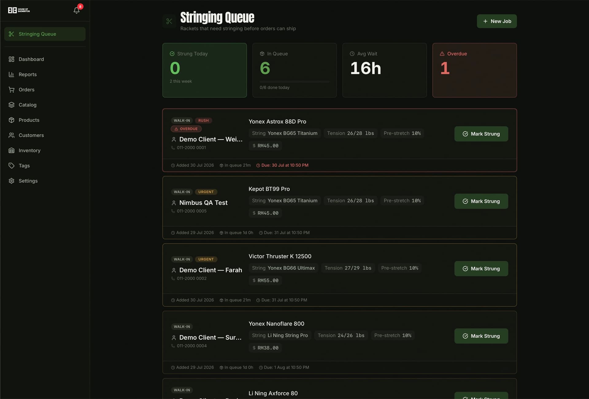 Stringing queue with priority, due dates, and overdue flags